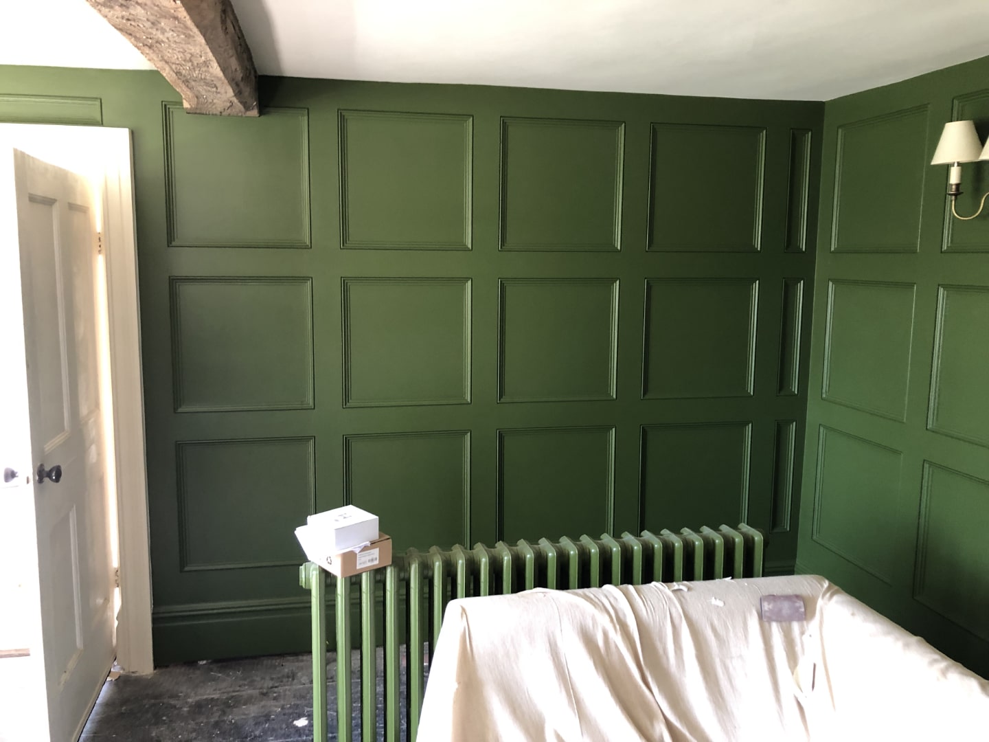Freshly painted wooden panelling.